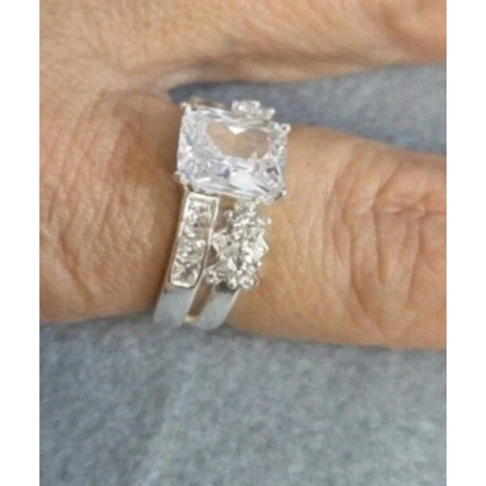 Swarovski Silver Clear Cushion-Cut Crystal Bridal Ring Set Size 9.